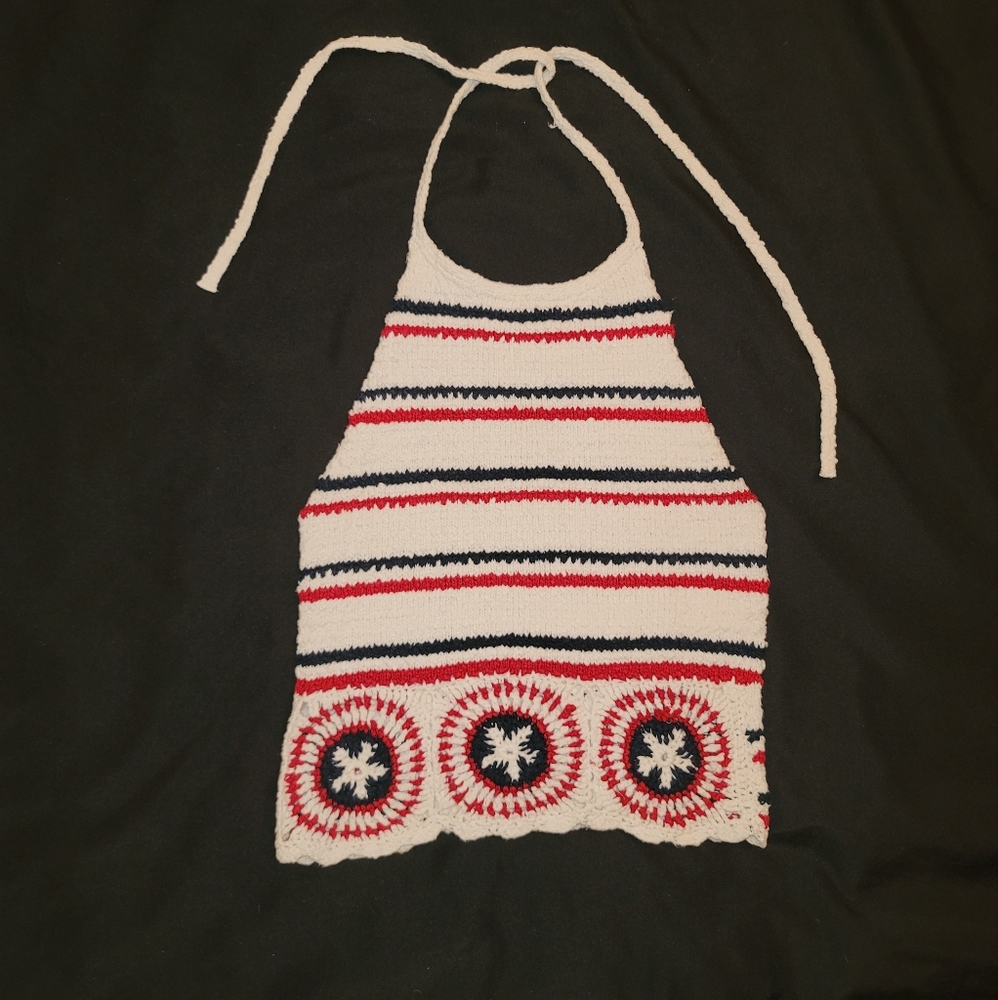 Hollister knit halter shirt stripes  red white blue stretch summer crochet Small